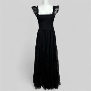 Francescas‎ Audrey Parks Dress Womens L Black Smocked Tiered Tulle Maxi Ruffle